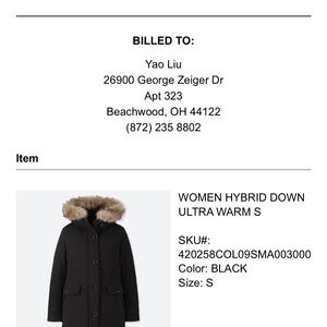 Uniqlo Black Down Coat with Fur Trim